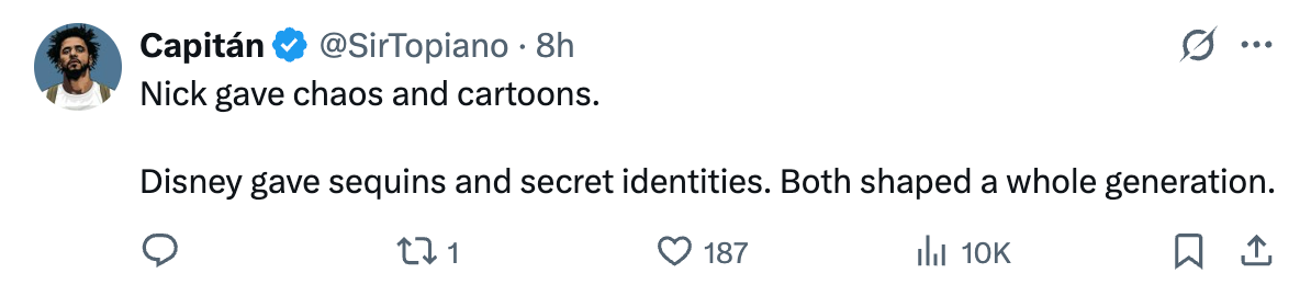 Tweet discussing how Nickelodeon and Disney influenced a generation with chaos, cartoons, sequins, and secret identities