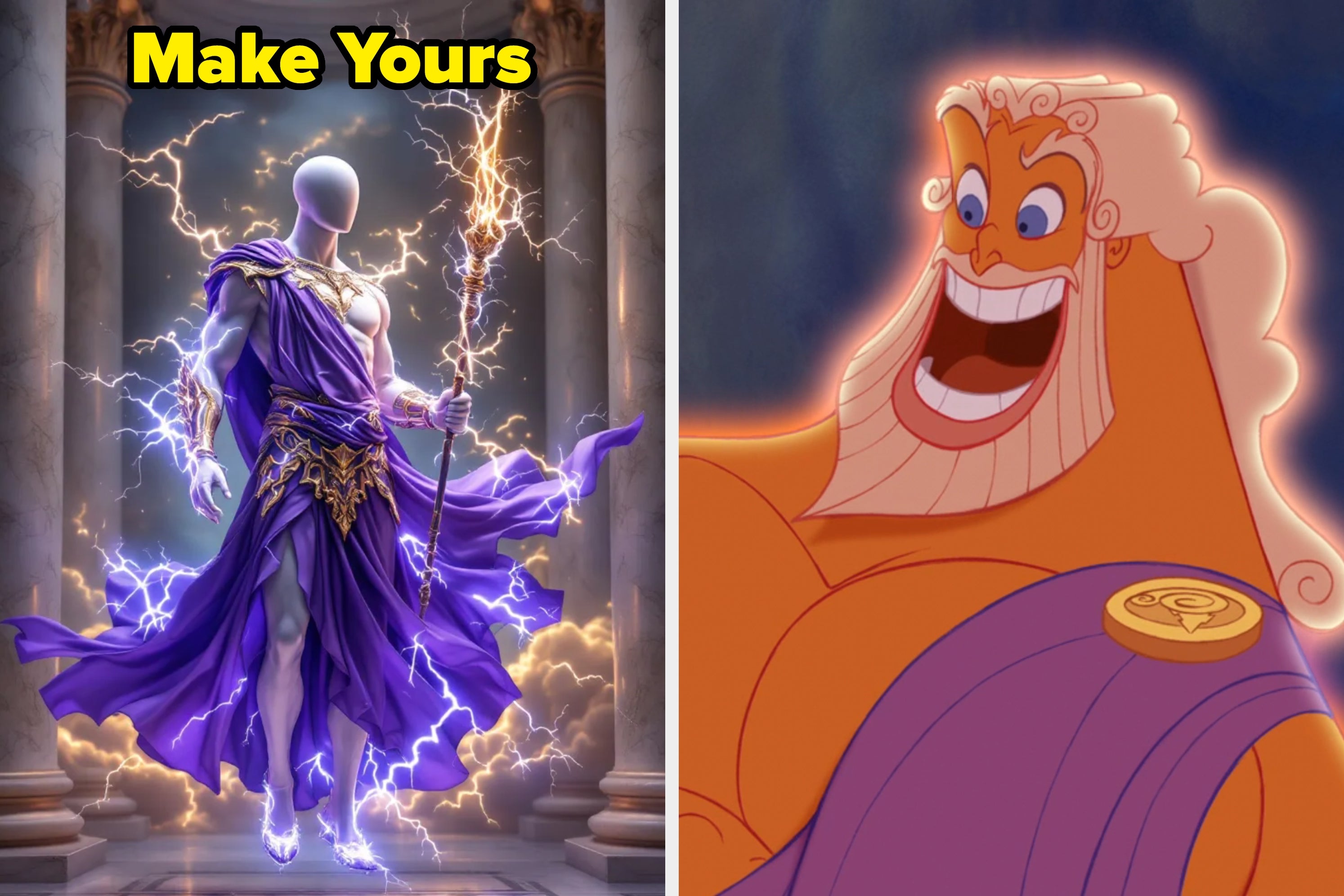 On the left, a statue-like figure in a purple electric robe holding a lightning staff. On the right, Zeus from the movie "Hercules" with a jubilant expression