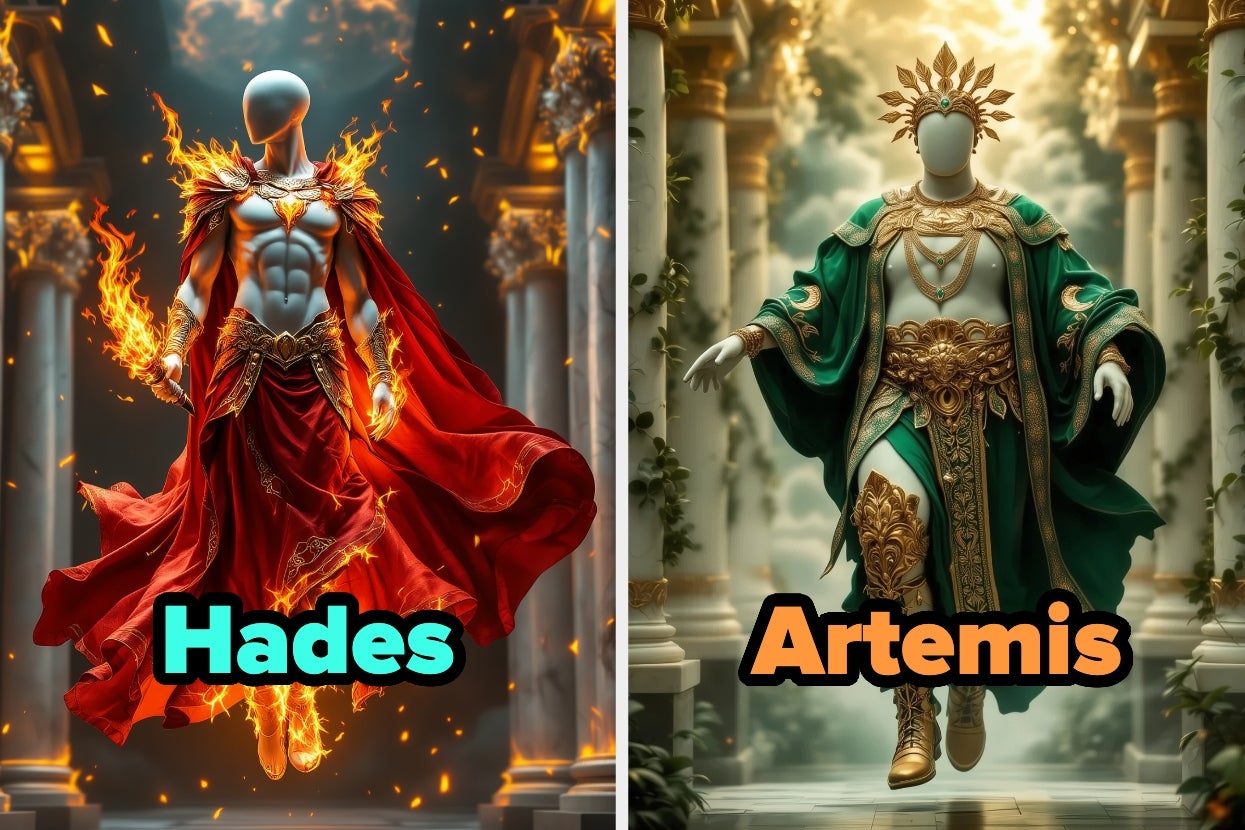 Fantasy portrayals of Hades in fiery armor and Artemis in a nature-themed gown, each styled with elaborate costumes
