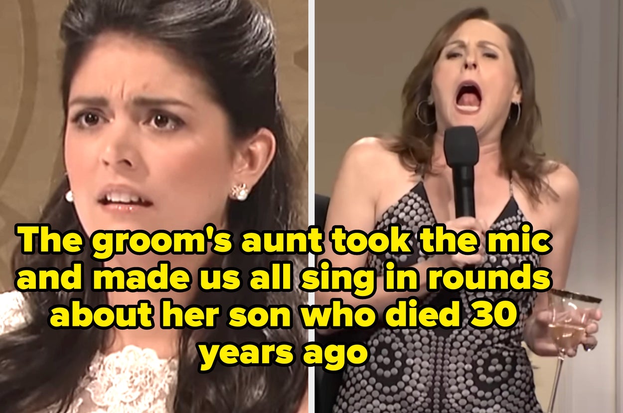 shocked bride reaction face and women at an event with mic captioned "The groom's aunt took the mic and made us all sing in rounds about her son who died 30 years ago"