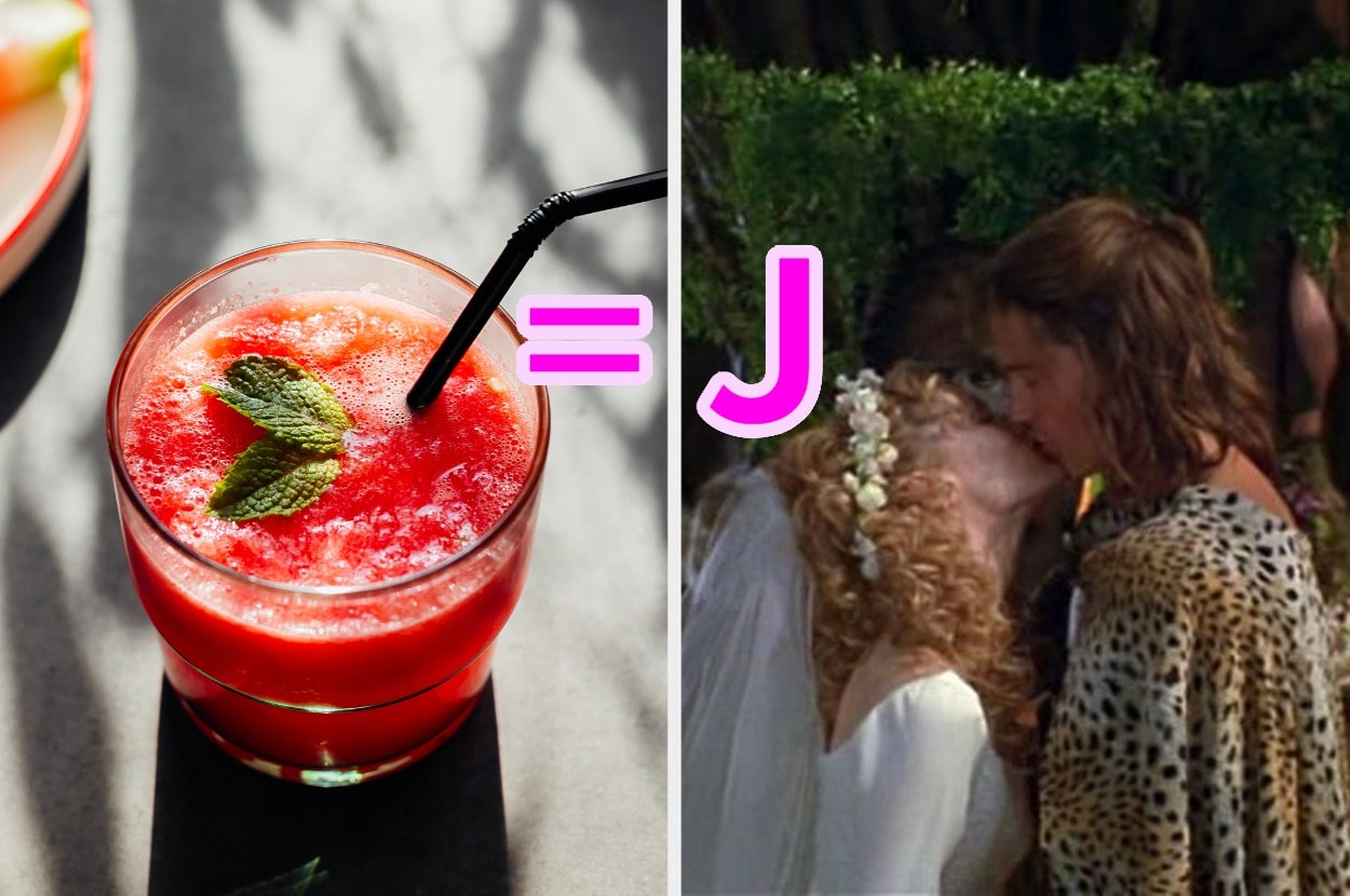 A drink with a straw equals a movie scene of a bride and groom kissing, hinting at a play on words or phrases