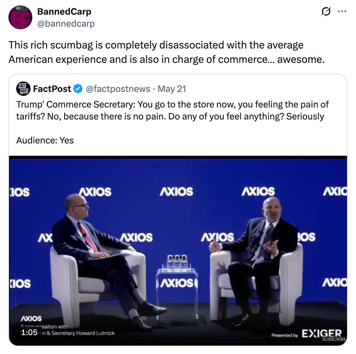 Tweet mocking Commerce Secretary's disconnect from public, featuring talk show screenshot with two men seated and engaging in conversation on stage