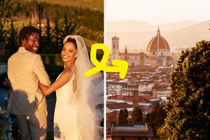 Bride and groom smiling at their outdoor wedding; right side shows a scenic view of Florence with the iconic cathedral dome