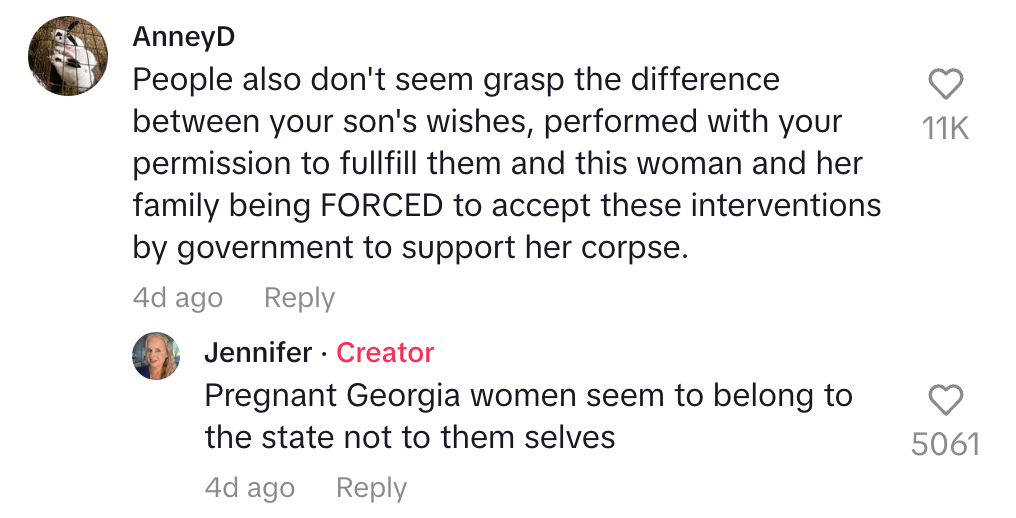 Social media comments discuss parental consent and government intervention, focusing on rights in medical decisions and autonomy for pregnant women in Georgia