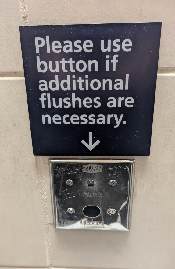 Sign above a toilet flush valve reads, "Please use button if additional flushes are necessary."