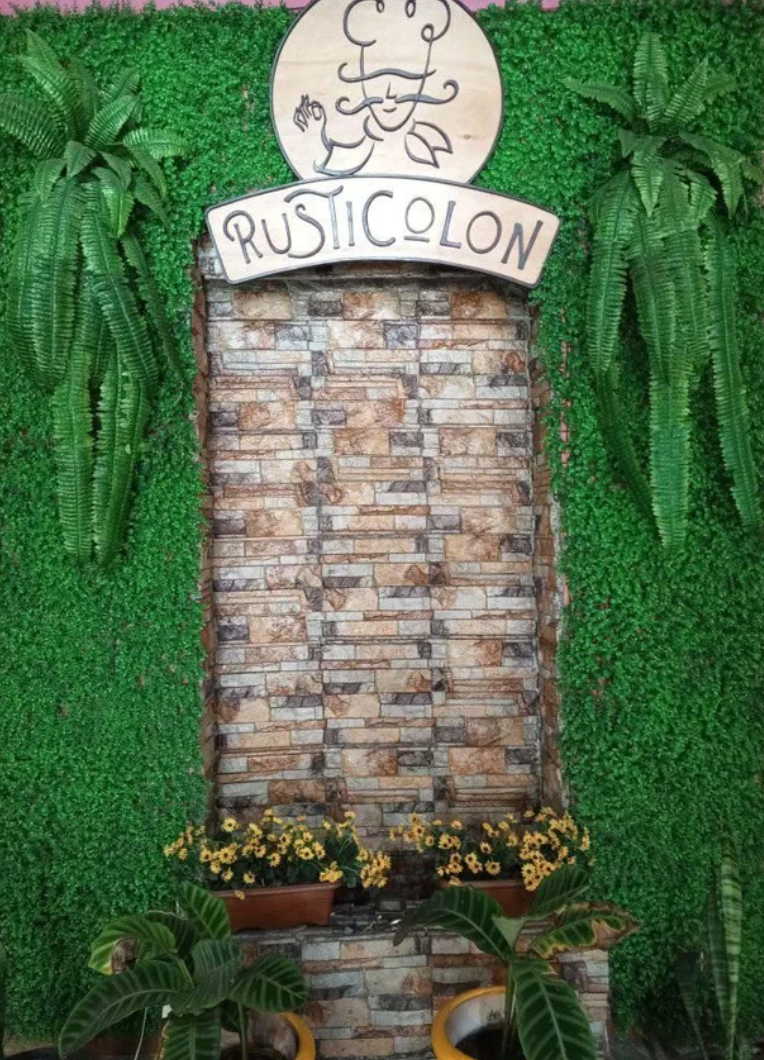Vertical brick wall with "Rusticolon" sign featuring cartoon face, surrounded by lush green plants and small yellow flowers at the bottom