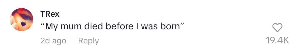 Comment by TRex: "My mum died before I was born." Received 19.4K likes