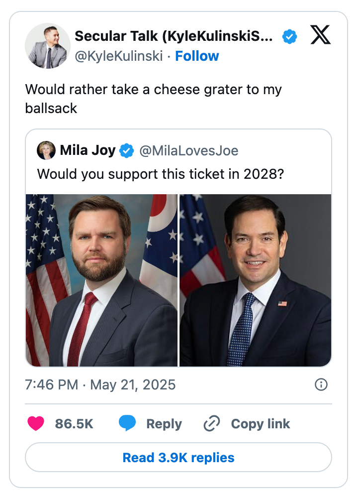 Tweet by Secular Talk: "Would rather take a cheese grater to my ballsack" above a tweet showing two men in suits with U.S. flags, dated May 21, 2025
