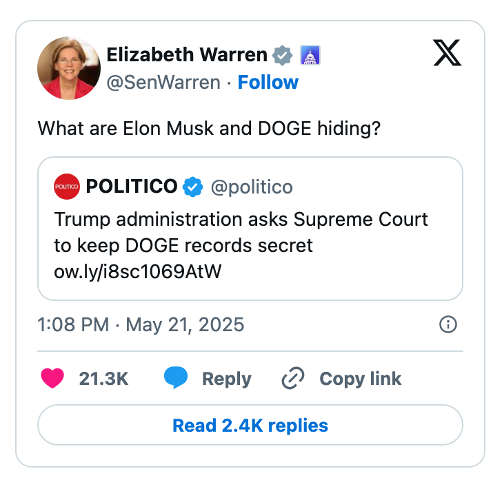 Tweet by Elizabeth Warren questioning what Elon Musk and DOGE are hiding, referencing a Politico report about DOGE records and the Supreme Court