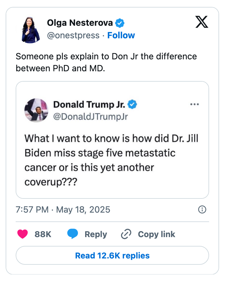 Tweet by Olga Nesterova asking someone to explain the difference between a PhD and MD to Don Jr, highlighting confusion in his tweet about Dr. Jill Biden