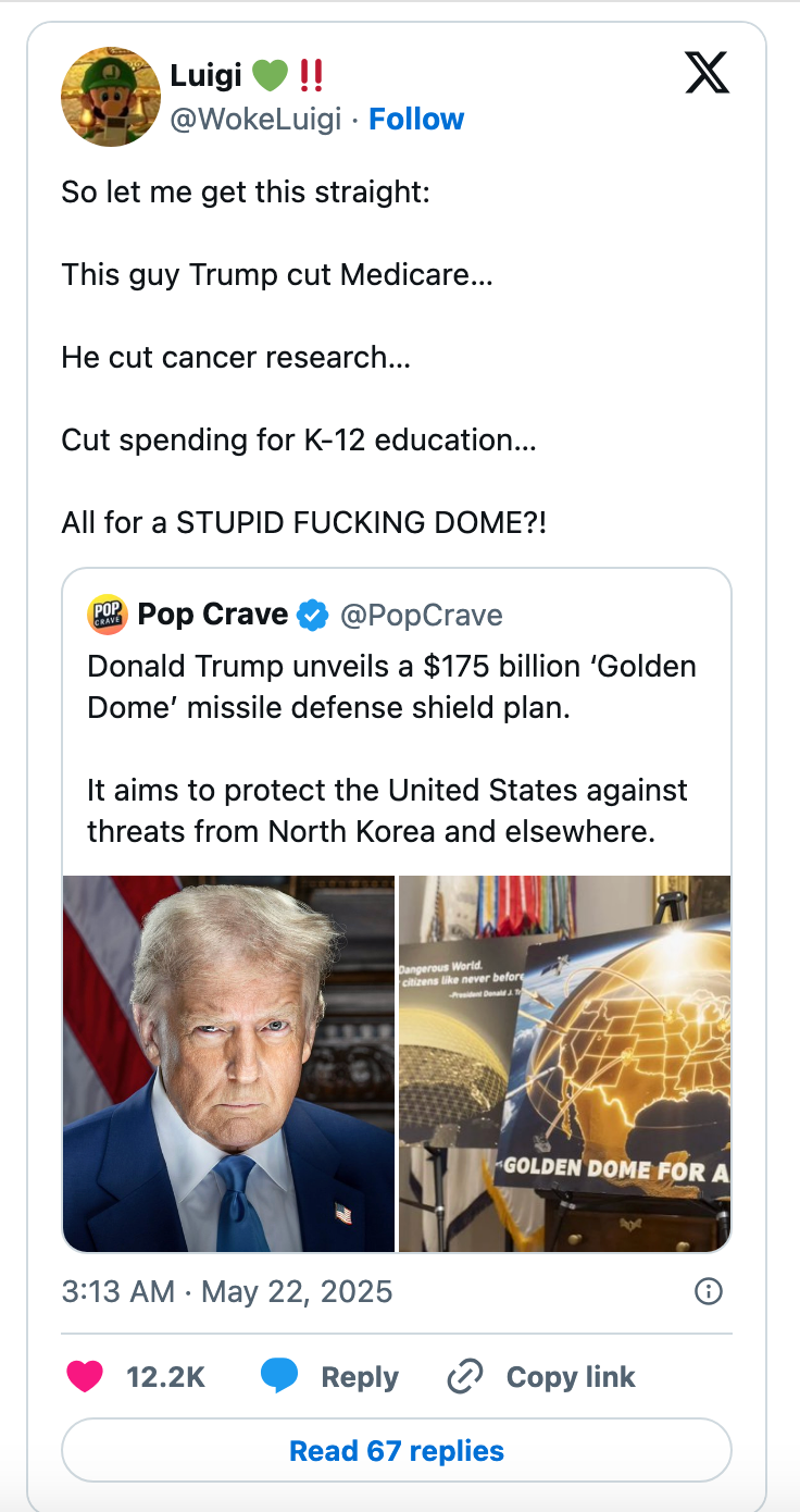 A tweet expressing frustration about budget cuts to Medicare, cancer research, and education, juxtaposed with spending on a defense project