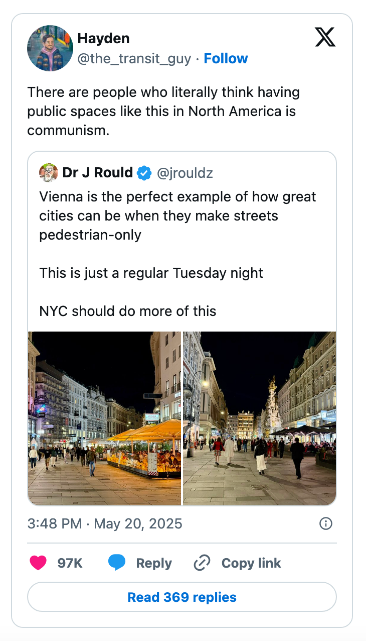 Tweet showing a post about Vienna's pedestrian-friendly streets, contrasting with North American perceptions on public spaces