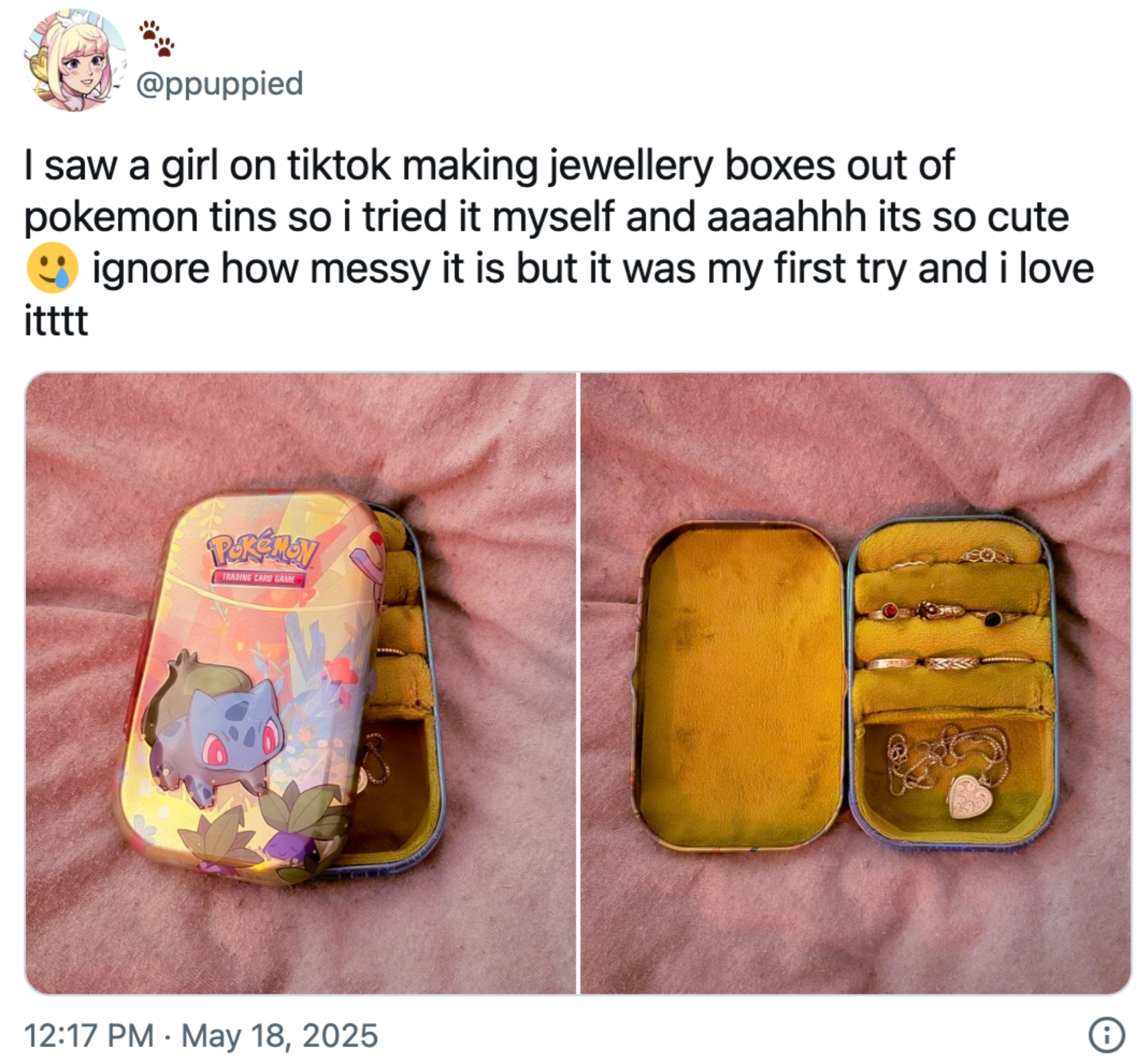 Two photos of a Pokémon tin repurposed as a jewelry box, with jewelry inside. A tweet describes trying a DIY project inspired by a TikTok video
