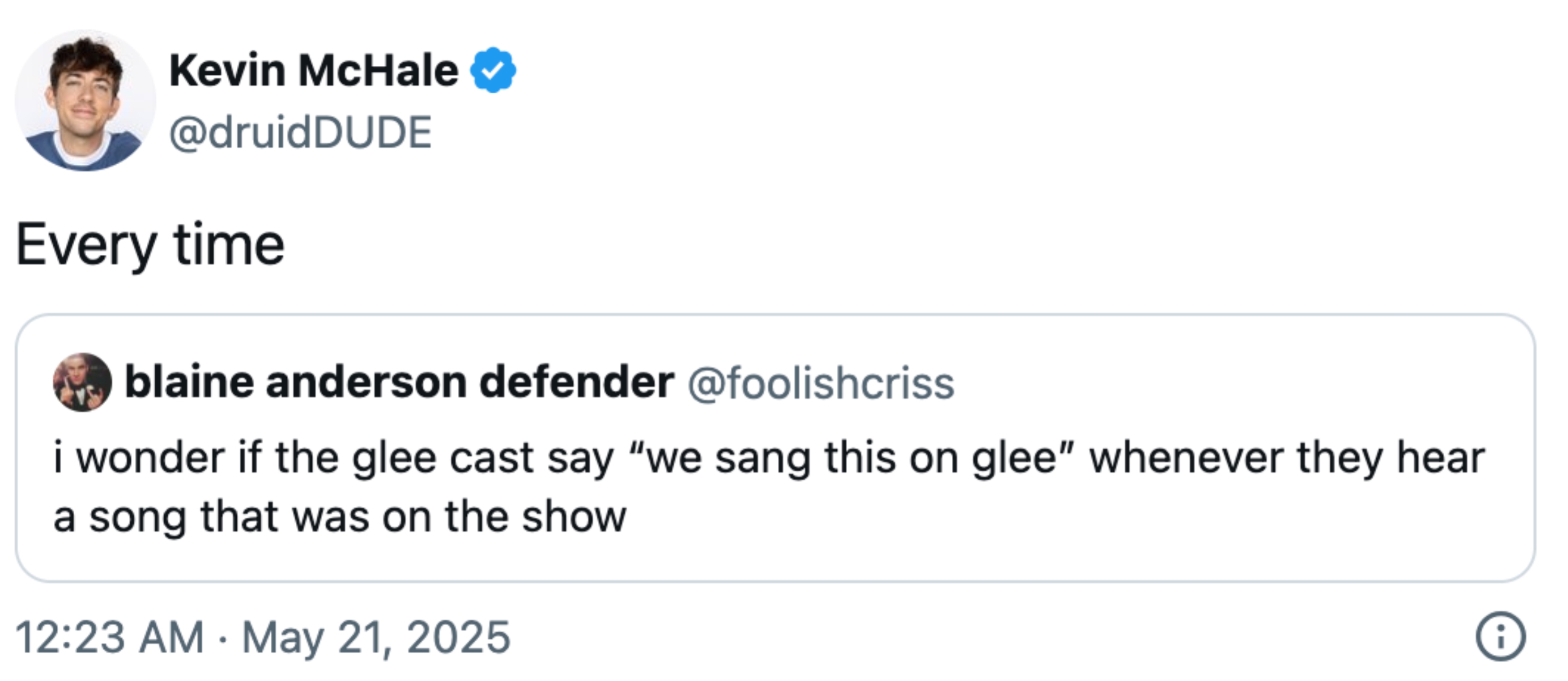 Kevin McHale retweets a post pondering if the "Glee" cast mentions songs they performed on the show
