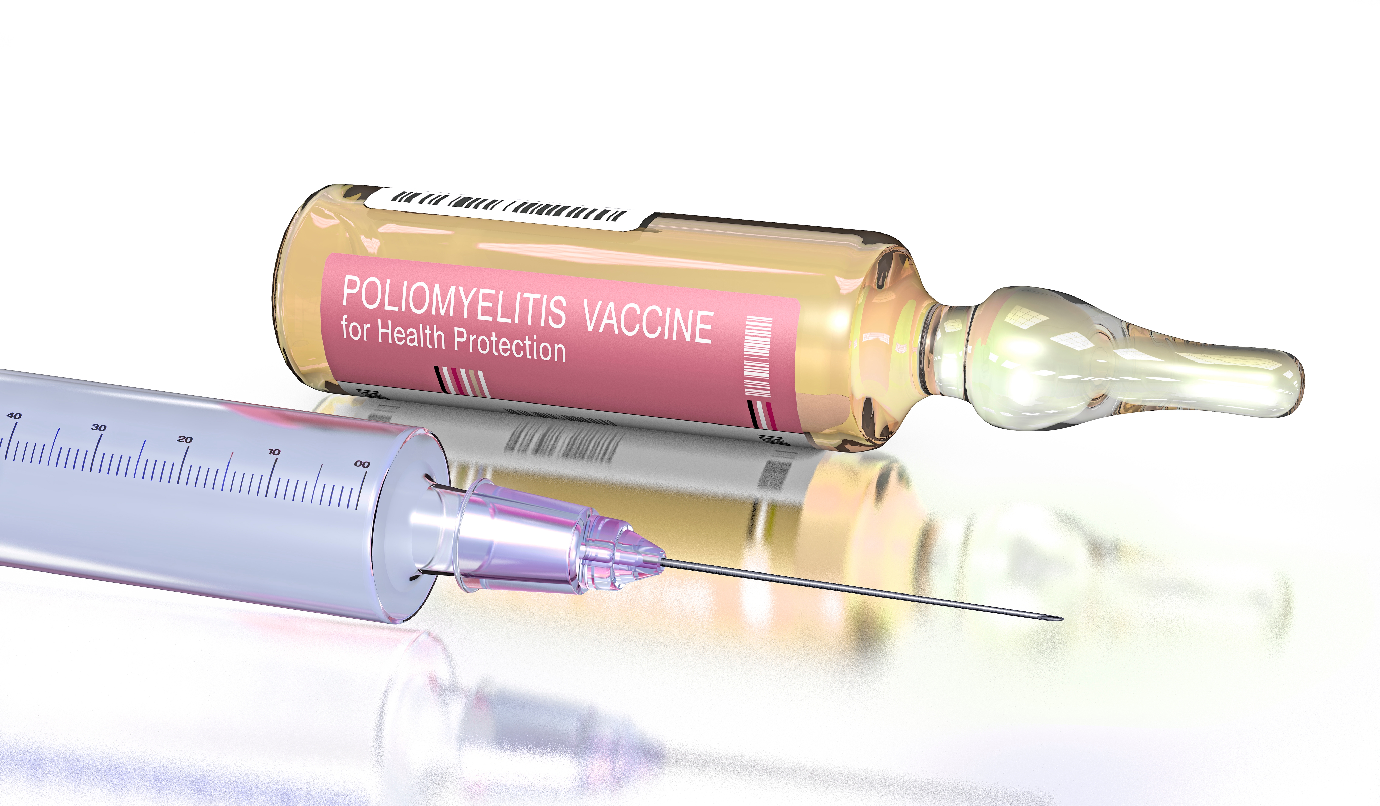 Syringe lying next to a vial labeled "Poliomyelitis Vaccine for Health Protection."