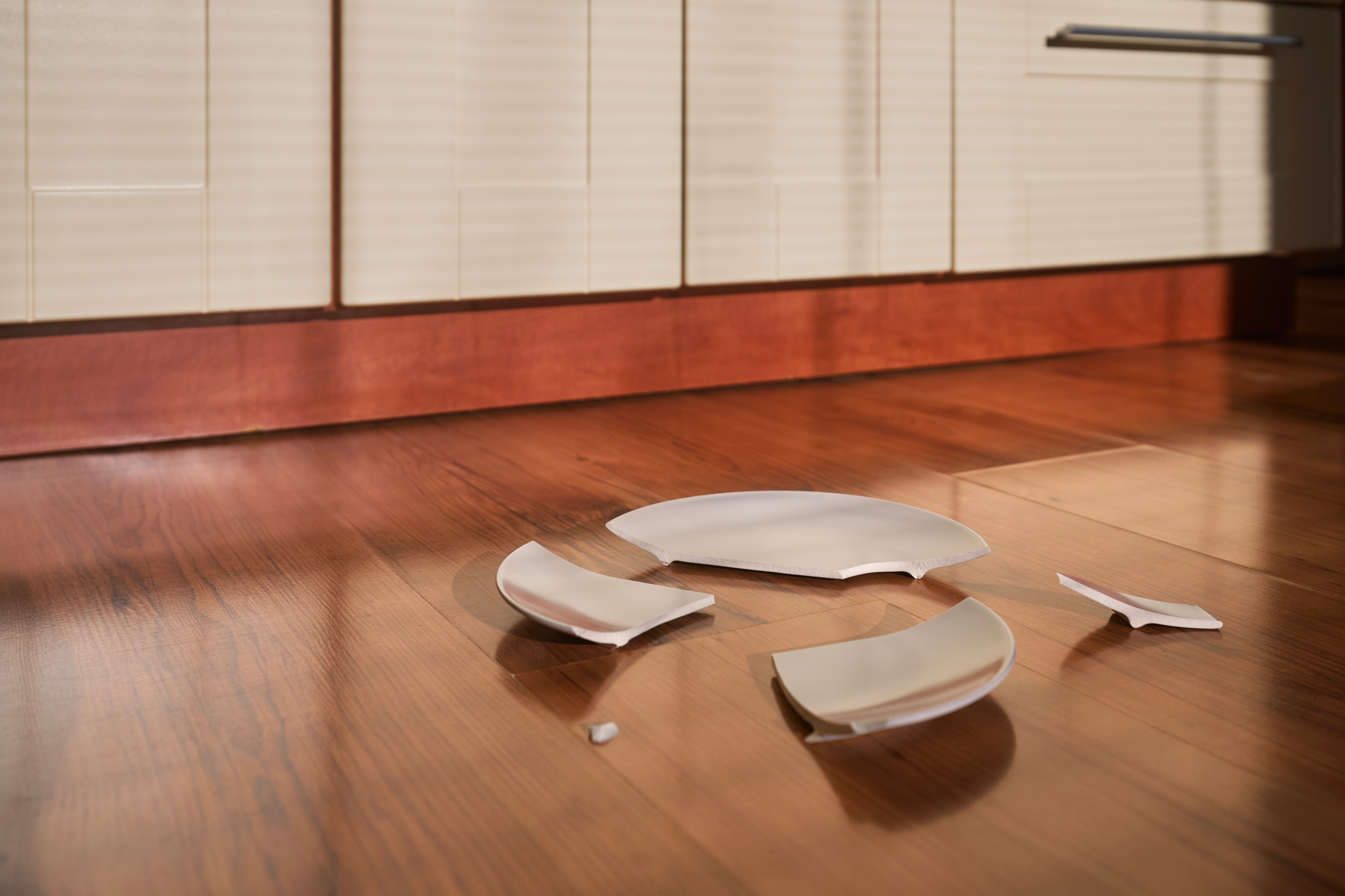 Pieces of a broken white plate scattered on a wooden kitchen floor