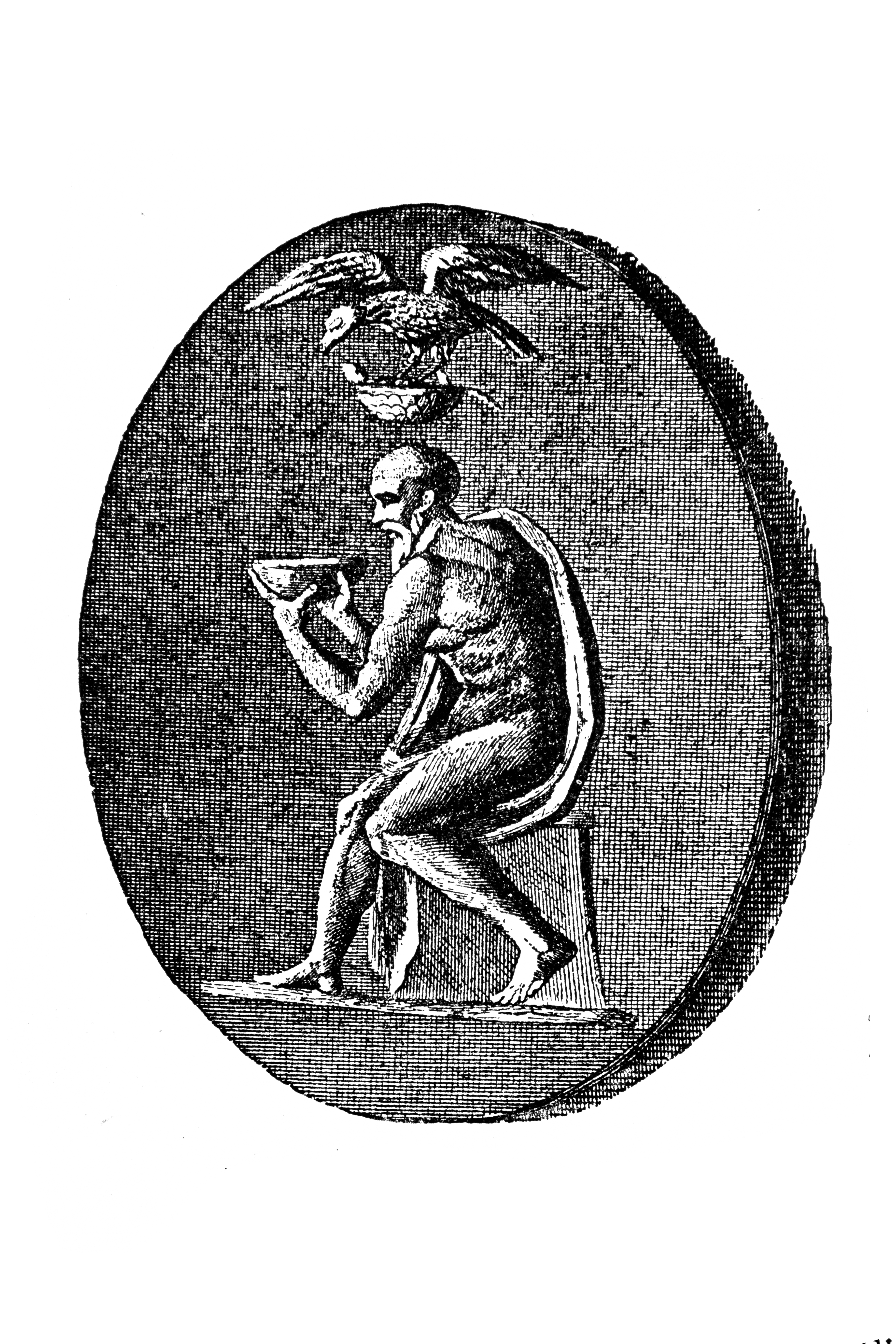 A classical engraving shows a seated man contemplating a bowl with a bird above his head, symbolizing reflection and thought