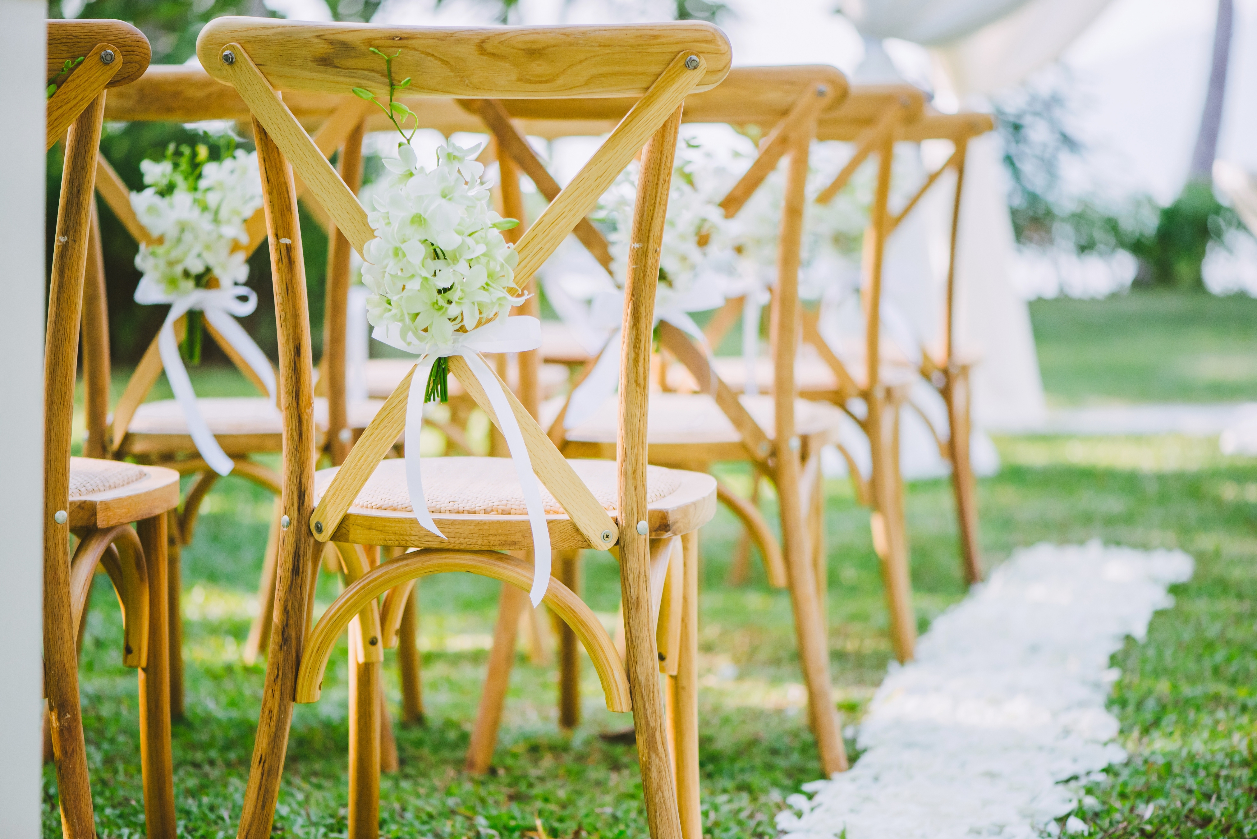 Wooden chairs with white floral decorations are arranged outdoors on grass, next to an aisle marked with white petals, set for a wedding ceremony