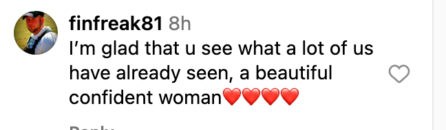 Comment expressing admiration for a woman's beauty and confidence, followed by heart emojis