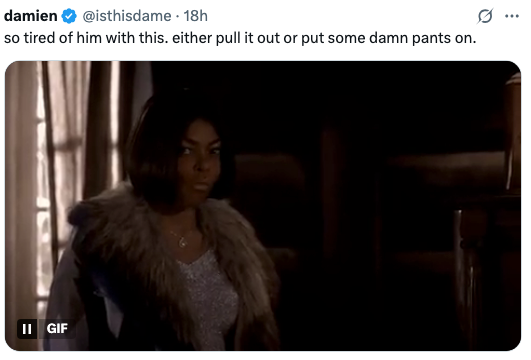 A person in a fur-trimmed coat stands indoors, looking serious. Accompanied by a caption expressing frustration