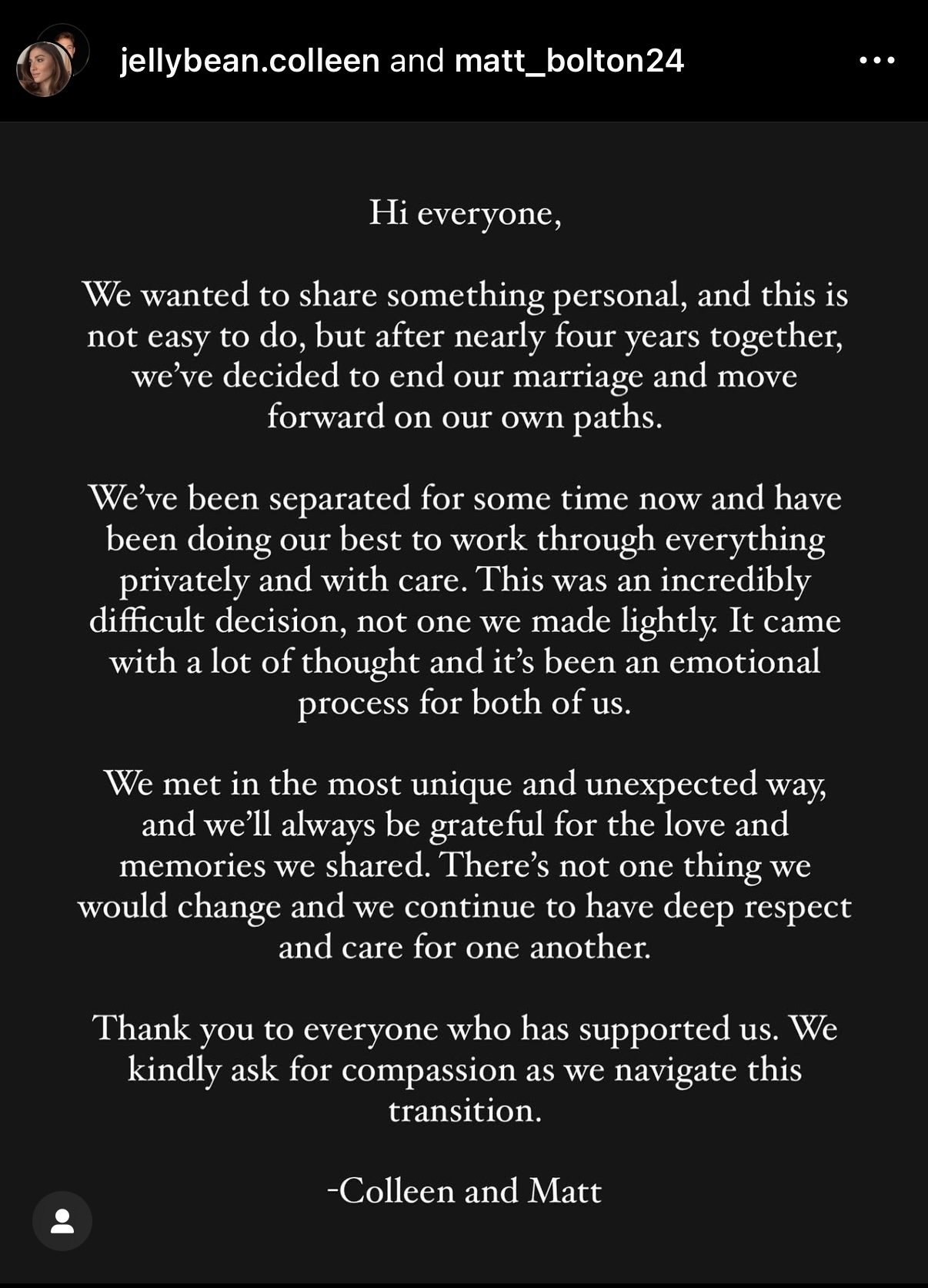 Colleen and Matt from Love Is Blind announce their divorce on Instagram, sharing gratitude and asking for understanding during this personal transition