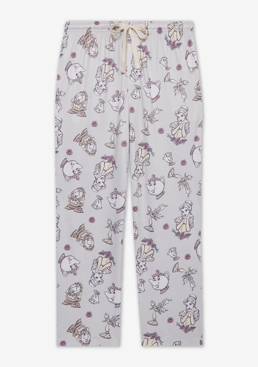 Pajama pants featuring cartoon character illustrations with an elastic waistband and drawstring. Ideal for comfortable loungewear