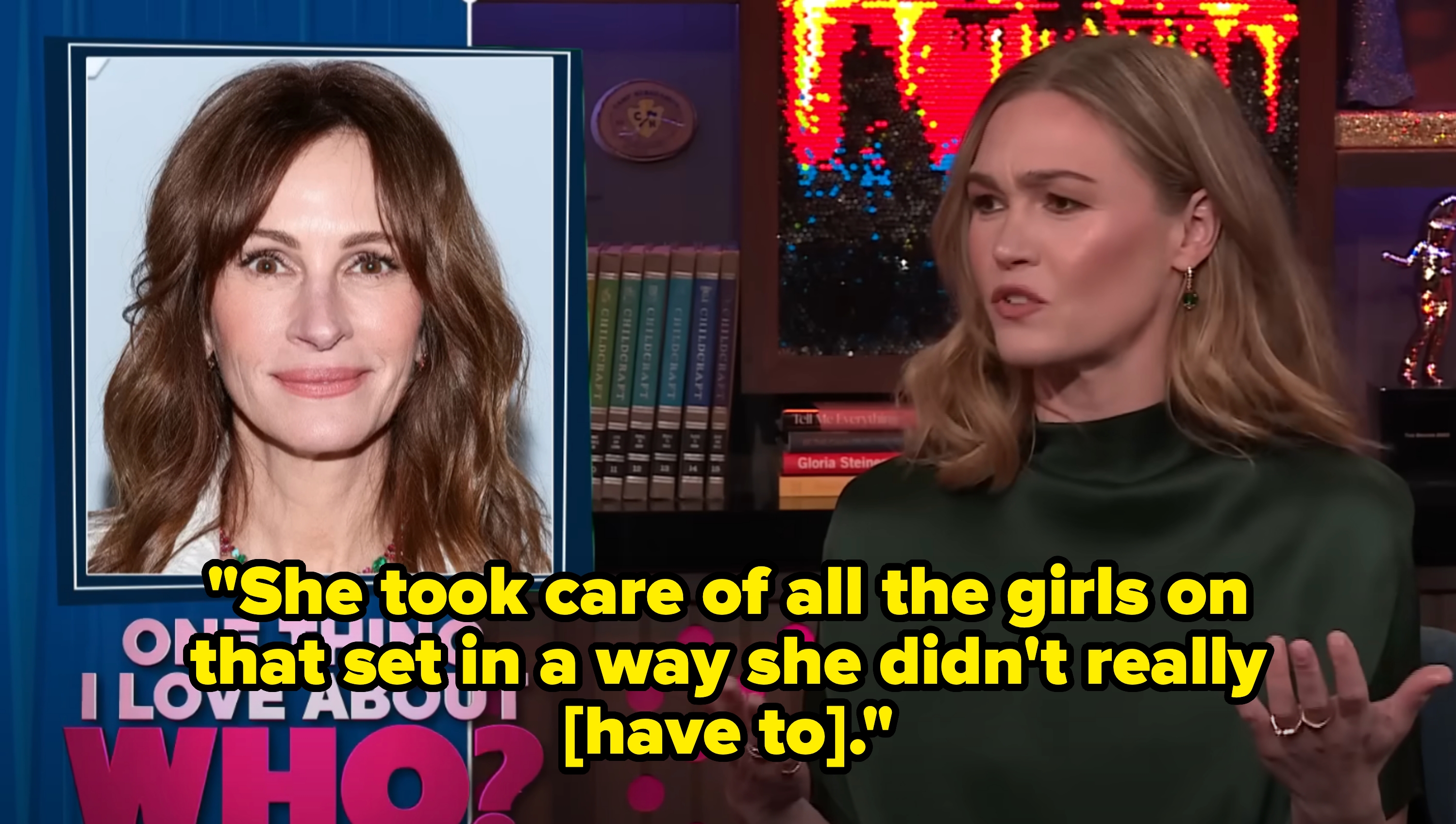 Person gestures while discussing a woman shown in a photo frame, with on-screen text: "One Thing I Love About Who?"