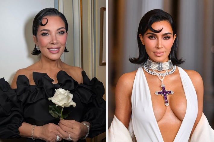 Kris Jenner wearing an off shoulder dress with flipped hair and a pin curl on her forehead vs Kim Kardashian in a plunging gown with statement jewelry and swooped hair
