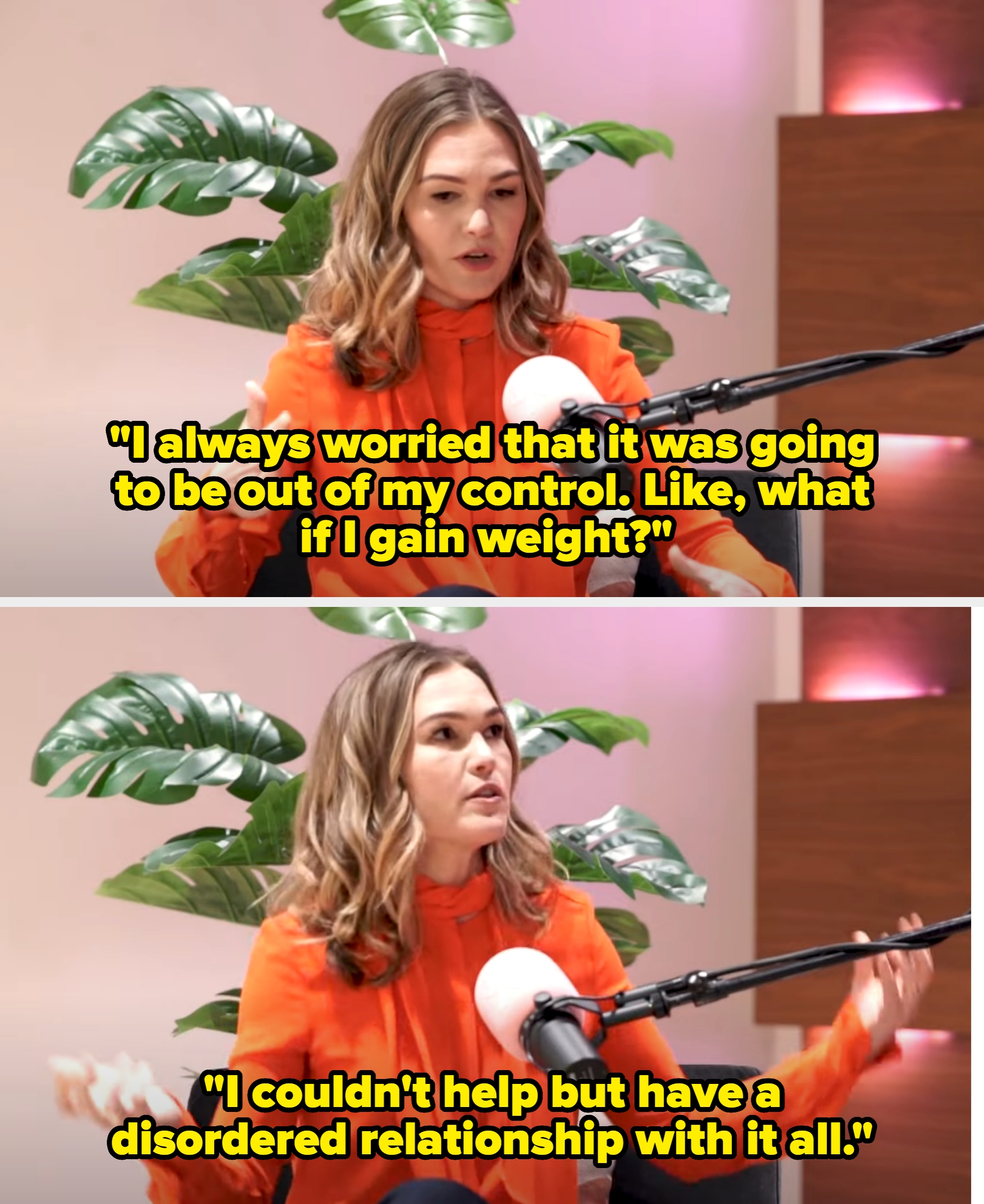 Person in orange blouse speaks into a microphone on a podcast