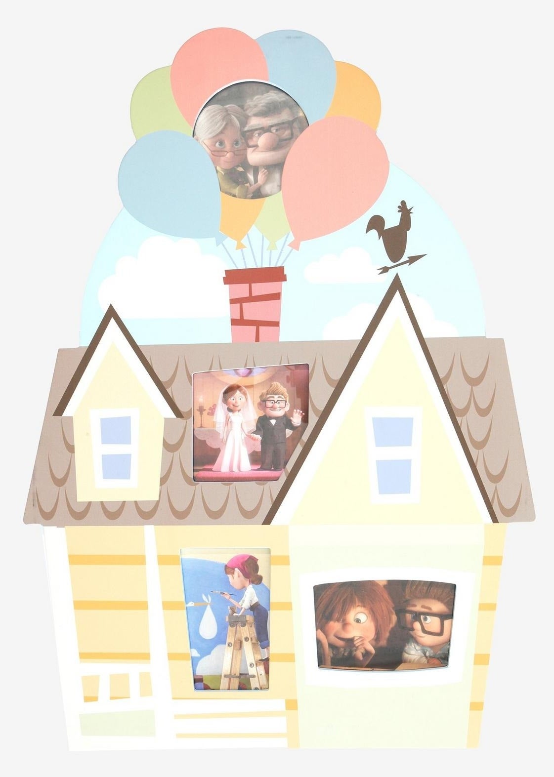 House graphic with balloons and cartoon couple photos on it. Images showcase various scenes of a love story. Rooster silhouette on chimney