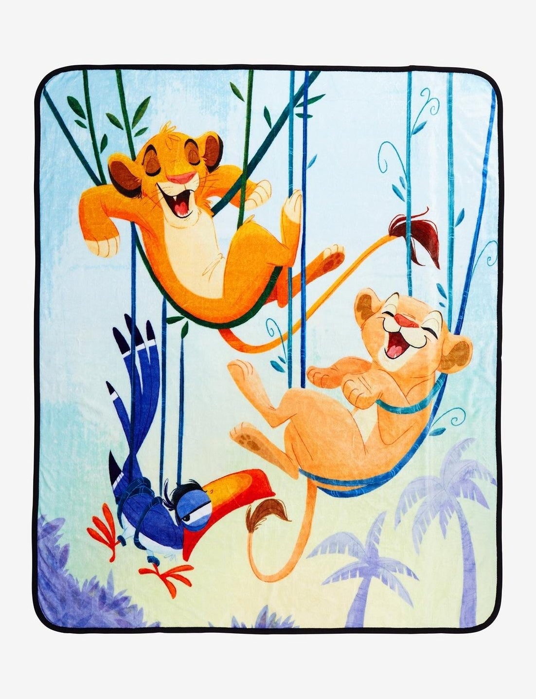 Lion King-themed blanket featuring Simba, Nala, and Zazu playfully swinging on vines. Perfect for children's decor or cozy gifts