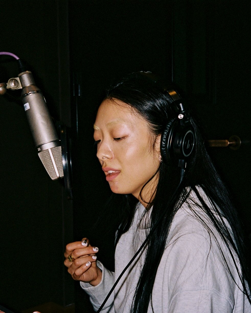 Person with headphones records vocals at a professional studio microphone
