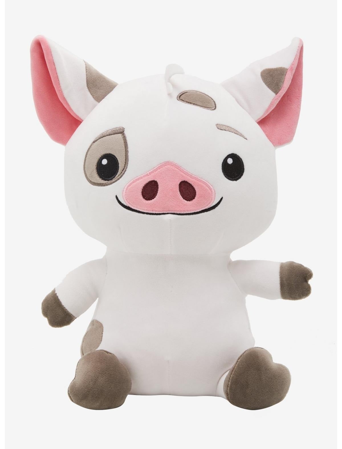 Plush toy pig with a smiling face and contrasting patches, ideal for children or as a cute gift item