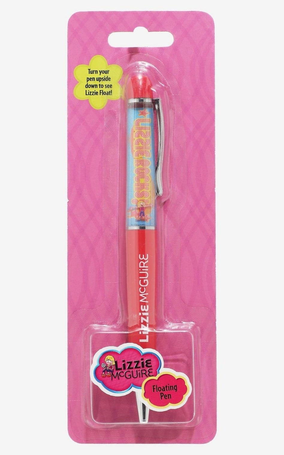 Lizzie McGuire-themed floating pen in packaging, featuring the show's logo and a pink background