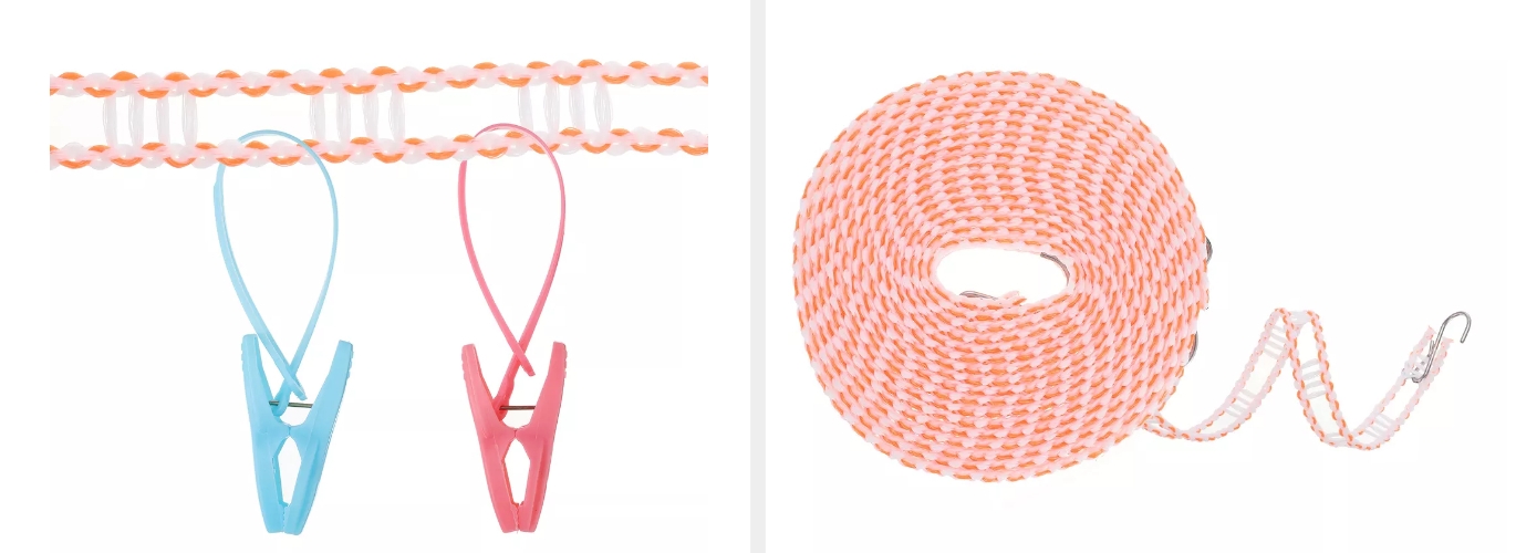 Clothesline kit with two colorful clips and a length of rope, suitable for indoor or outdoor use
