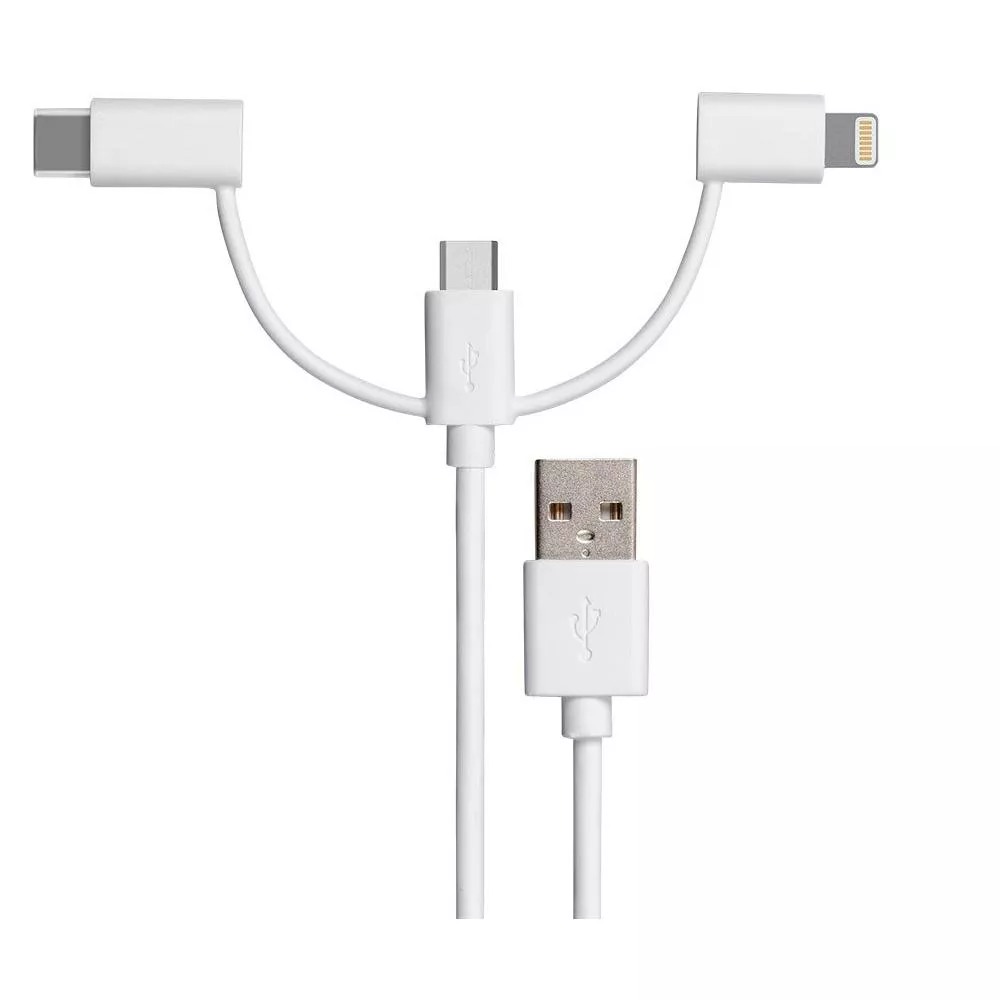Multi-device charging cable with USB, micro USB, and Lightning connectors, suitable for various gadgets, featured in a shopping article