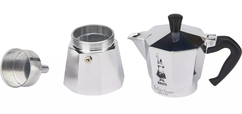 Moka pot disassembled into three parts: funnel, water chamber, and top pot with spout and handle