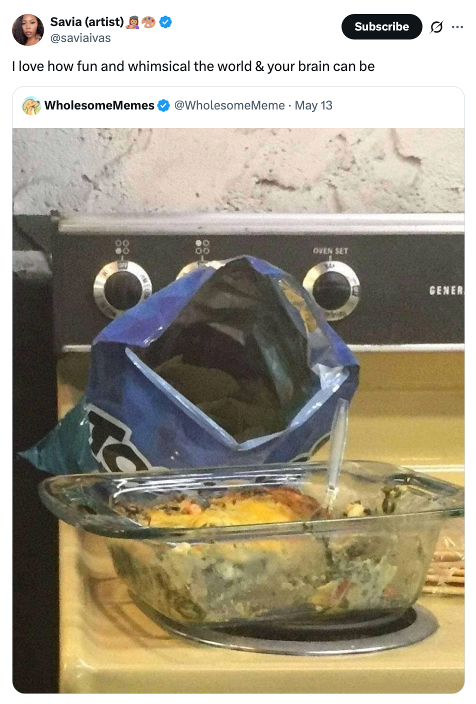 A baking dish filled with salad is shown placed in an oven. An open bag of chips is balanced on top