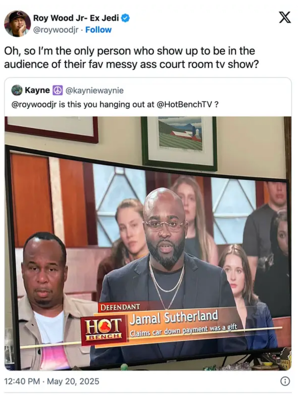 Image showing a tweet by Roy Wood Jr. with a photo of Jamal Sutherland as a defendant on "Hot Bench," discussing a claim about a car down payment