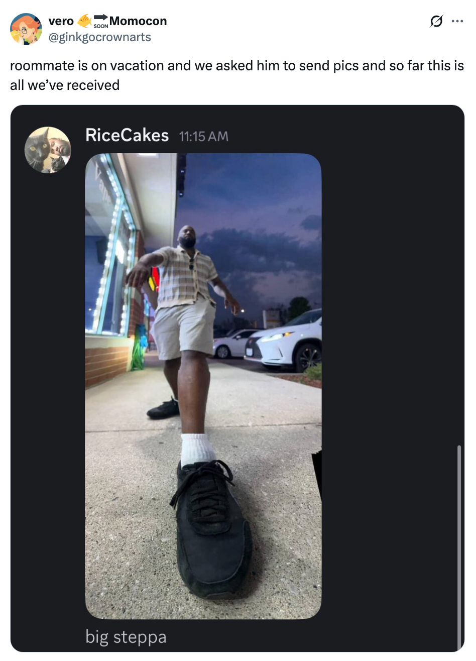 Person casually kicking the camera while on vacation, with cars and a night sky in the background. Social media post above it says, "big steppa."