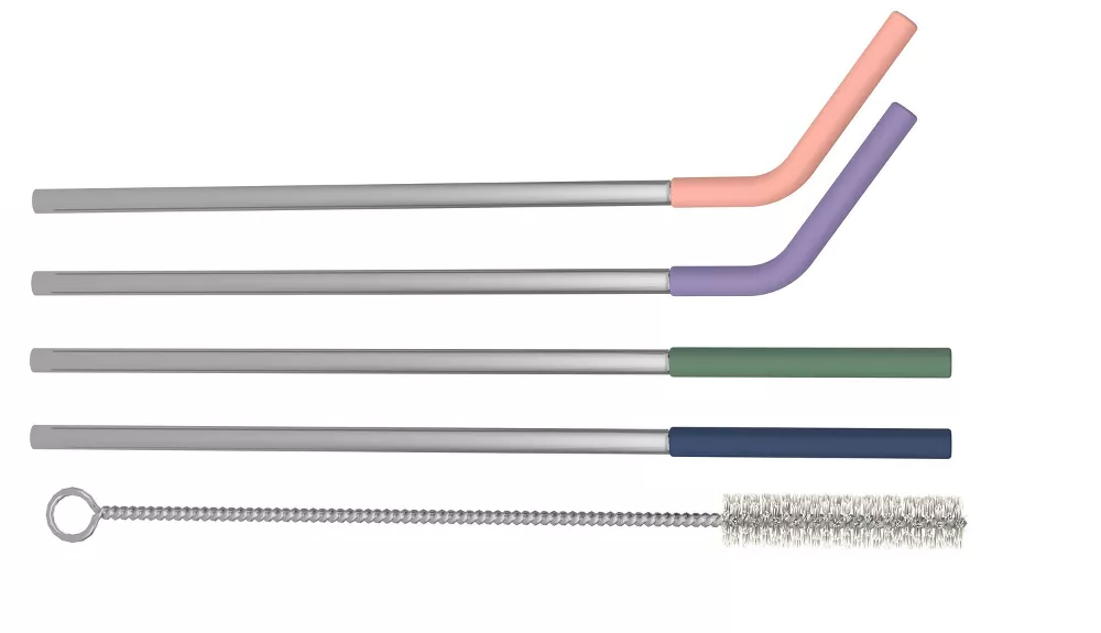 Set of four reusable metal straws with silicone tips in various colors, accompanied by a cleaning brush