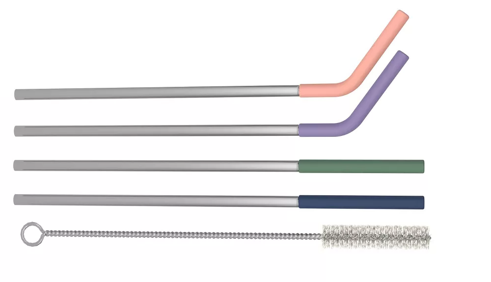 Set of four reusable metal straws with silicone tips in various colors, accompanied by a cleaning brush