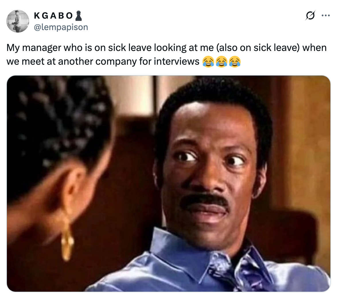 Man with surprised expression looking at a woman, accompanied by humorous caption about meeting a manager at another job interview while both are on sick leave