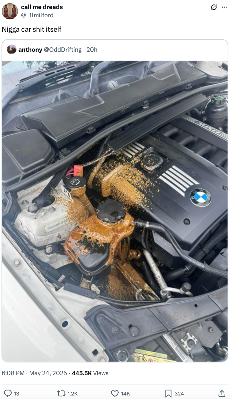 Car engine covered in a brown, grainy substance with social media post quipping about car failure
