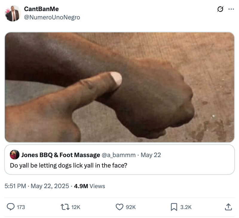 A finger pointing at a Black person's wrist with an overlayed tweet that asks about letting dogs lick faces