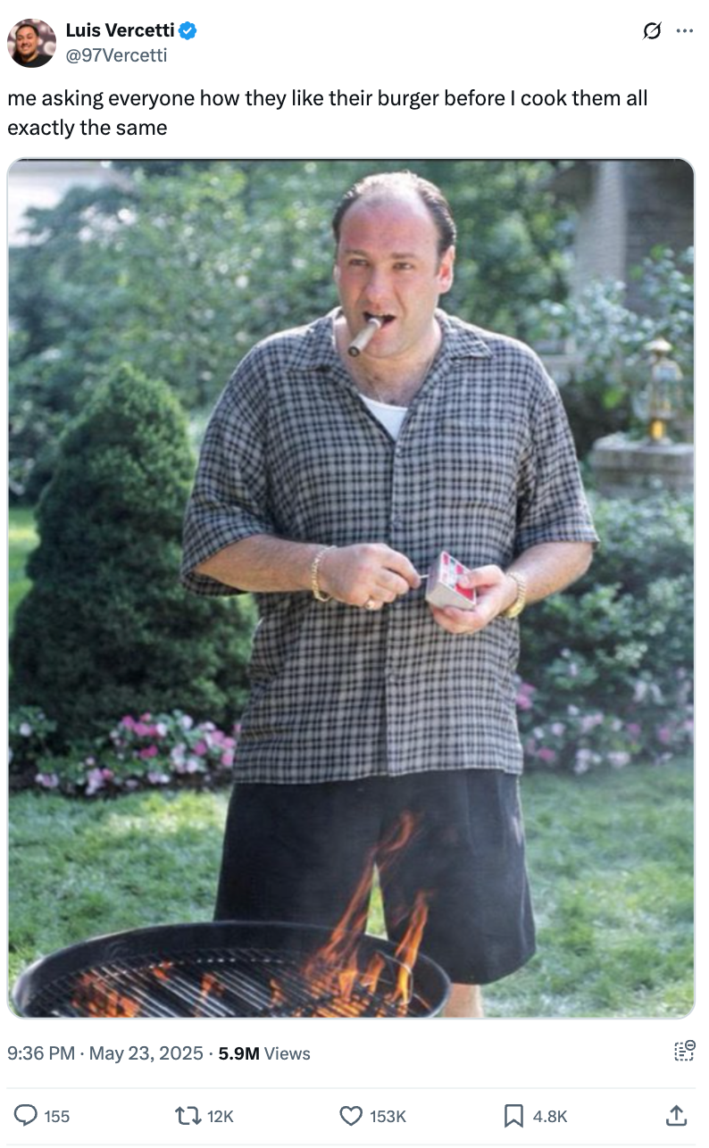 Man grilling in a backyard, holding a cigarette and burger buns, with comedic caption about cooking burgers the same way for everyone