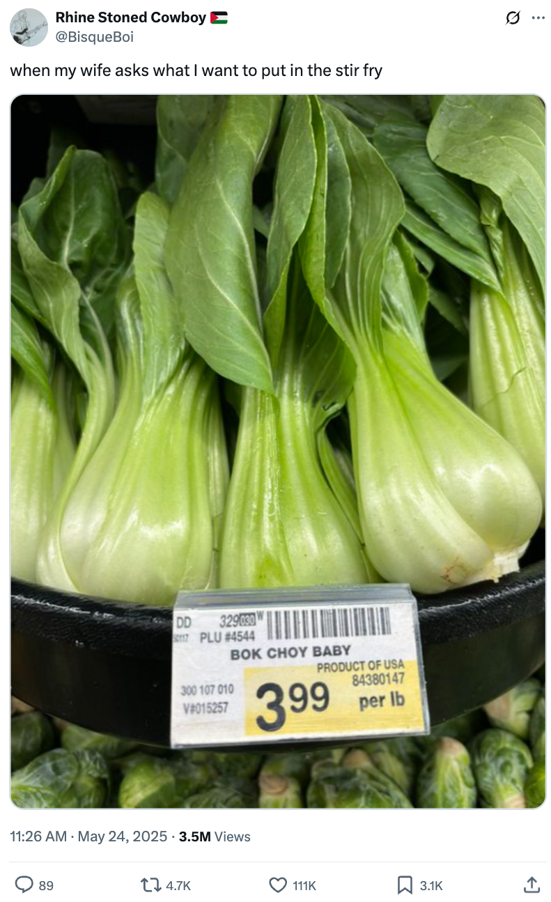 Bok choy display in a grocery store with a price tag of $3.99 per pound, humorously captioned about stir-fry ingredients