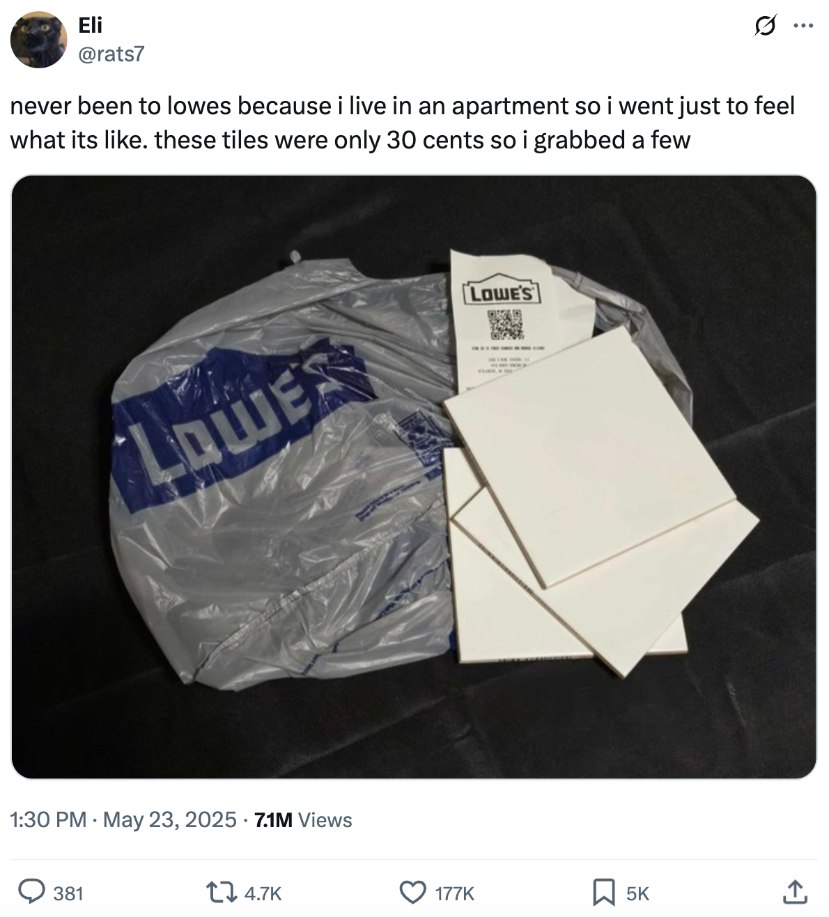 Plastic bag labeled "Lowes" with white tiles and a receipt