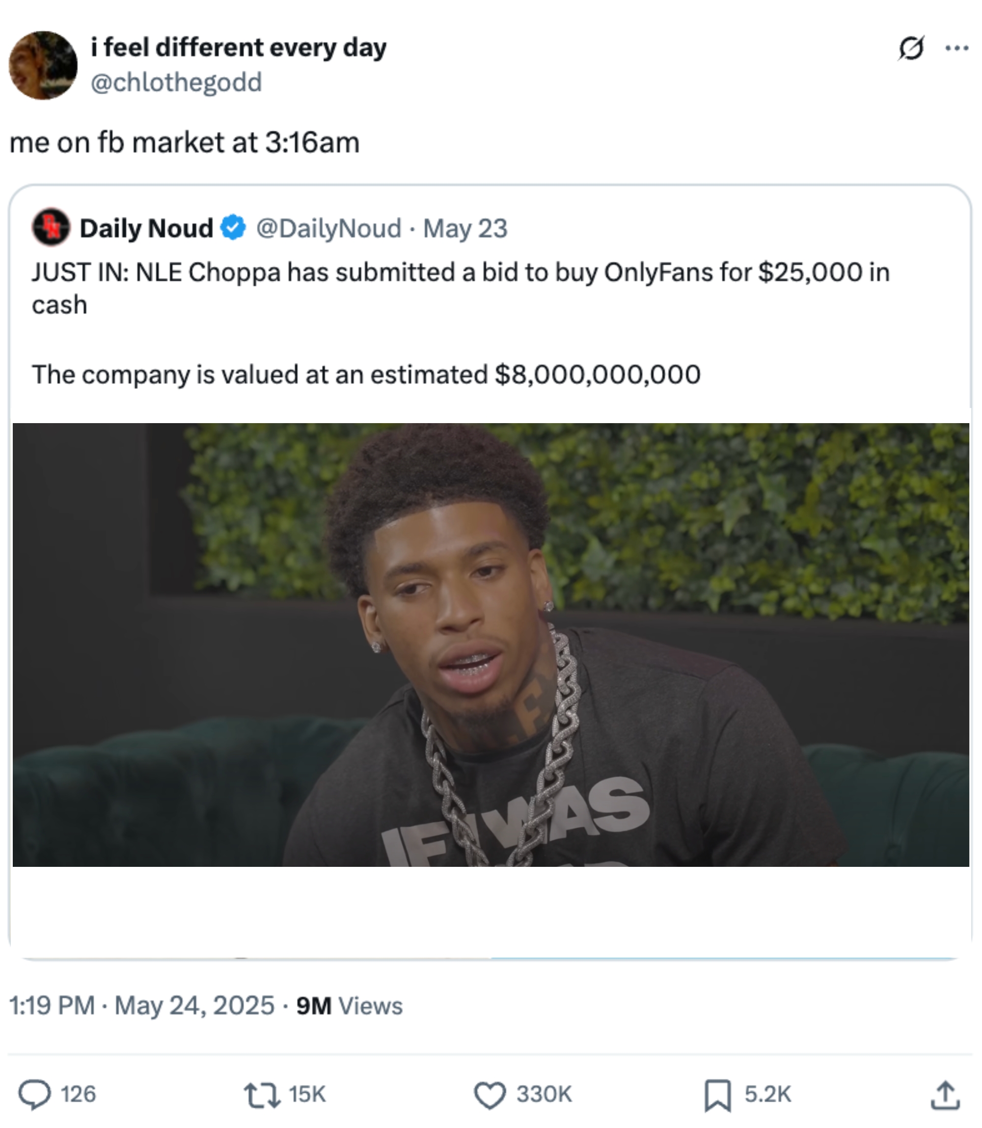 Tweet joking about buying OnlyFans for $25,000, stating the company's worth is estimated at $8 billion
