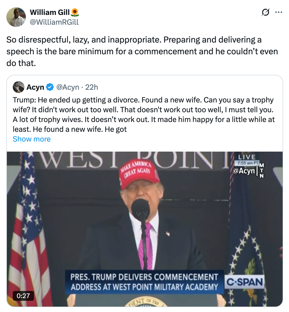 A man speaks at a podium wearing a &quot;Make America Great Again&quot; hat. Text above criticizes the speech's adequacy for a commencement